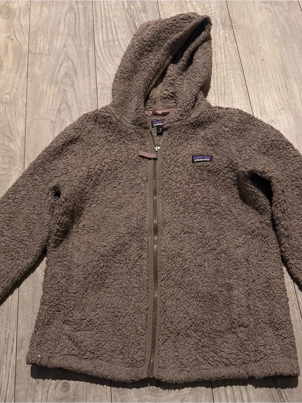 Patagonia Kids Taupe Shaggy Fleece Jacket with Hood